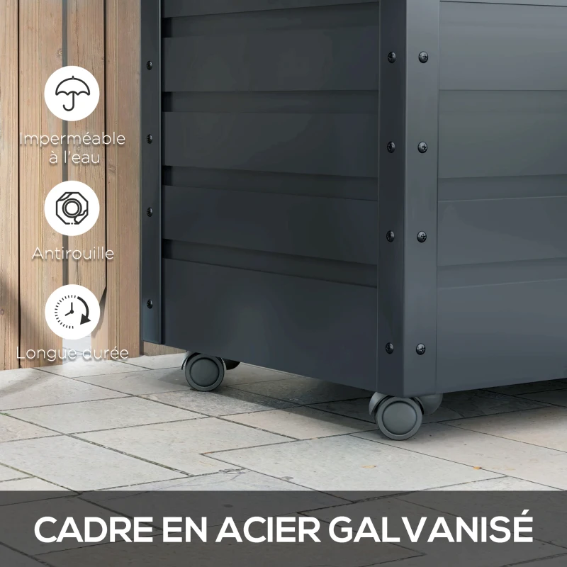 Outsunny Coffre de rangement extérieur 295L, avec vérin à gaz, roulettes et poignée, en acier galvanisé, 100 x 62 x 65 cm, gris