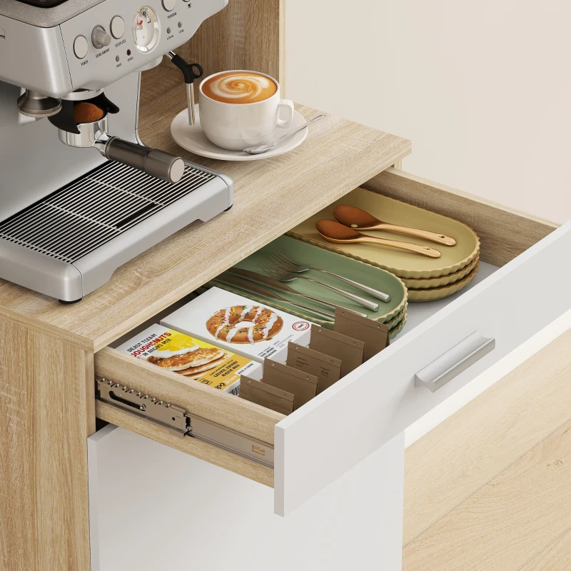 HOMCOM Credenza Cucina con Ripiani Aperti, 2 Armadietti e Cassetto, in Legno e Metallo, 55x40x175 cm, Bianco e Legno
