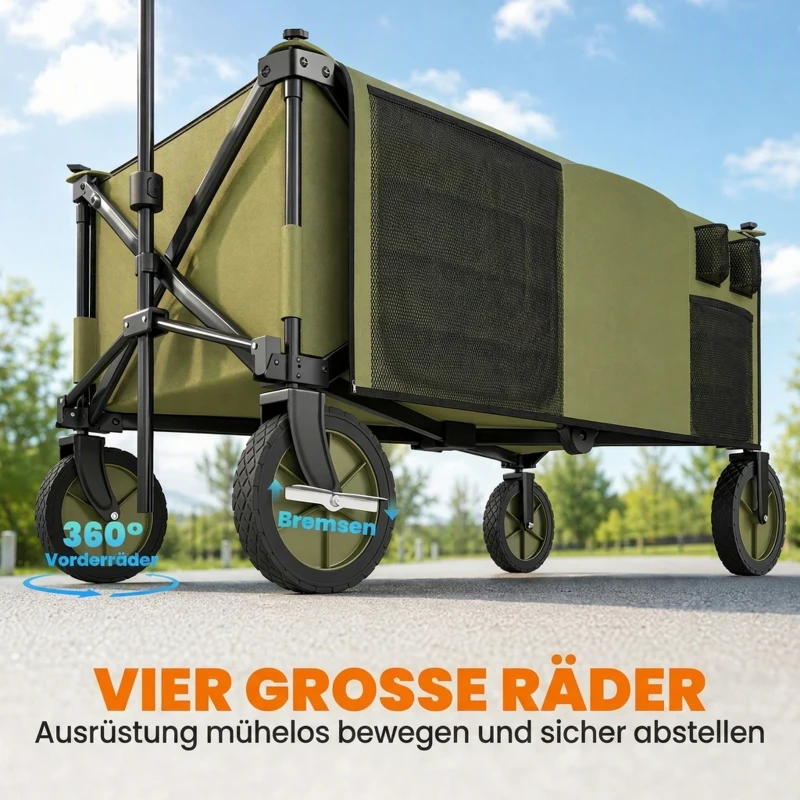 Outsunny Bollerwagen, klappbar, 5 Seitentaschen, einziehbare Griff, bis 120 kg belastbar, Stahl, 108 x 55 x 93 cm, Grün