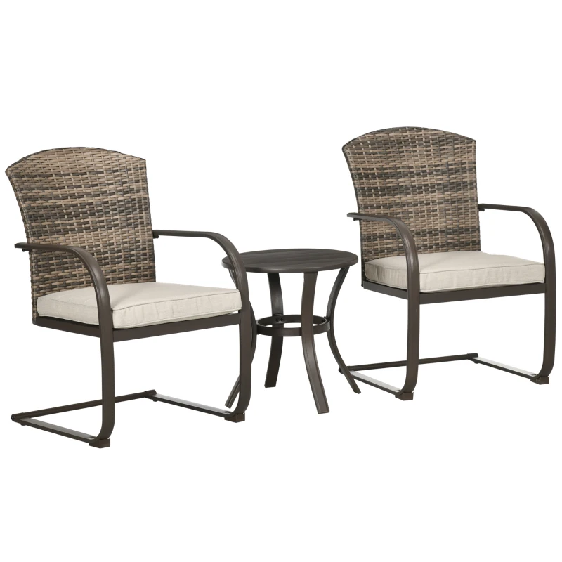 Outsunny Conjunto de Muebles de Jardín de Ratán 3 Piezas Incluye 2 Sillas Mecedoras con Cojines y Mesa Redonda para Terraza Marrón