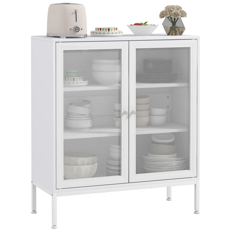 HOMCOM Buffet meuble de cuisine à 3 niveaux avec 2 portes grillagées avec étagère réglable 80 x 37 x 92 cm blanc