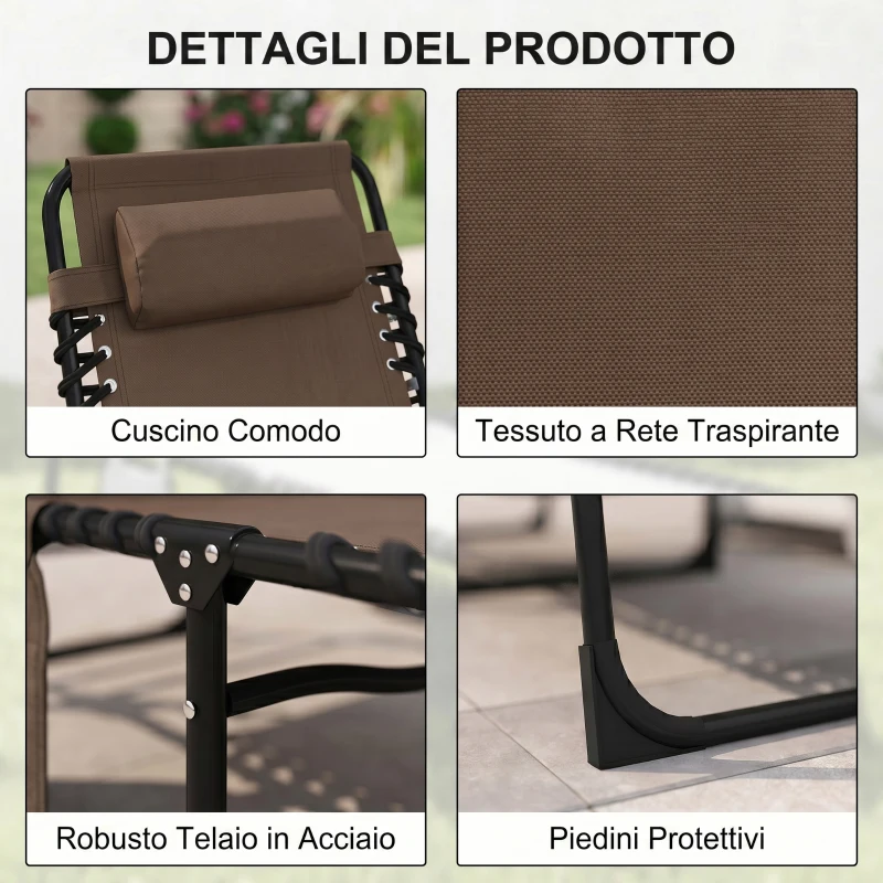 Outsunny Tumbona Plegable con Respaldo Ajustable Reposacabezas Acolchado y Estructura de Acero para Exterior 189x58x30 cm Marrón