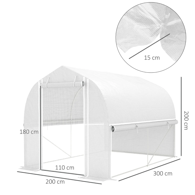 Outsunny Estufa polytunnel 3 x 2 x 2 m com laterais enroláveis, lona plástica resistente aos UV e estrutura de aço, Branco