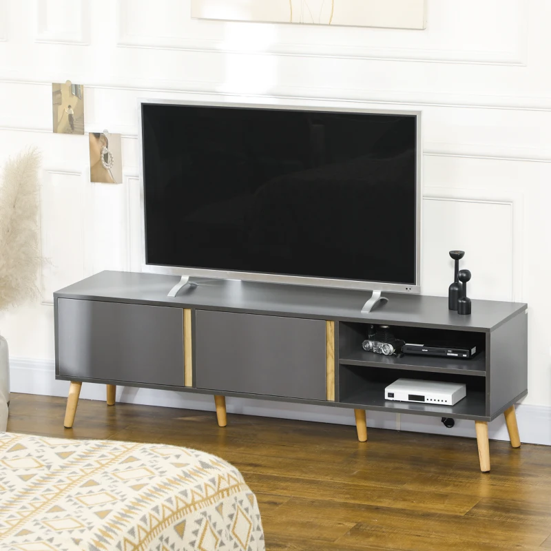 HOMCOM Meuble TV pour télévision jusqu'à 55 pouces scandinave 2 portes 2 niches avec passe-câbles 150 x 35 x 45 cm gris foncé