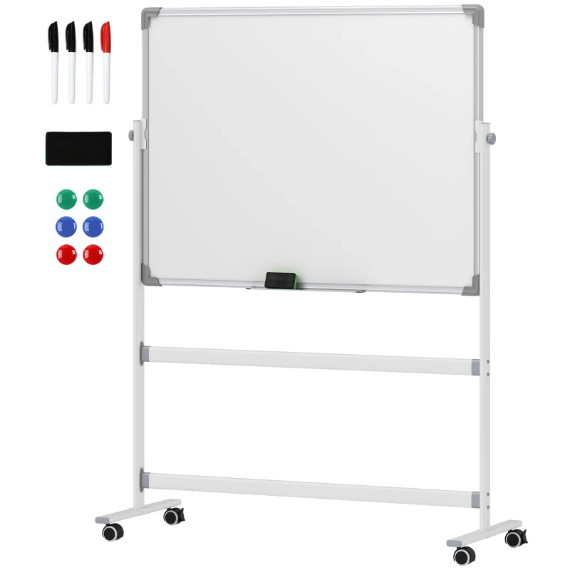 HOMCOM Lavagna Magnetica Bianca a 2 Facce con Accessori e 4 Ruote, in Alluminio e Acciaio, 127x50x165 cm