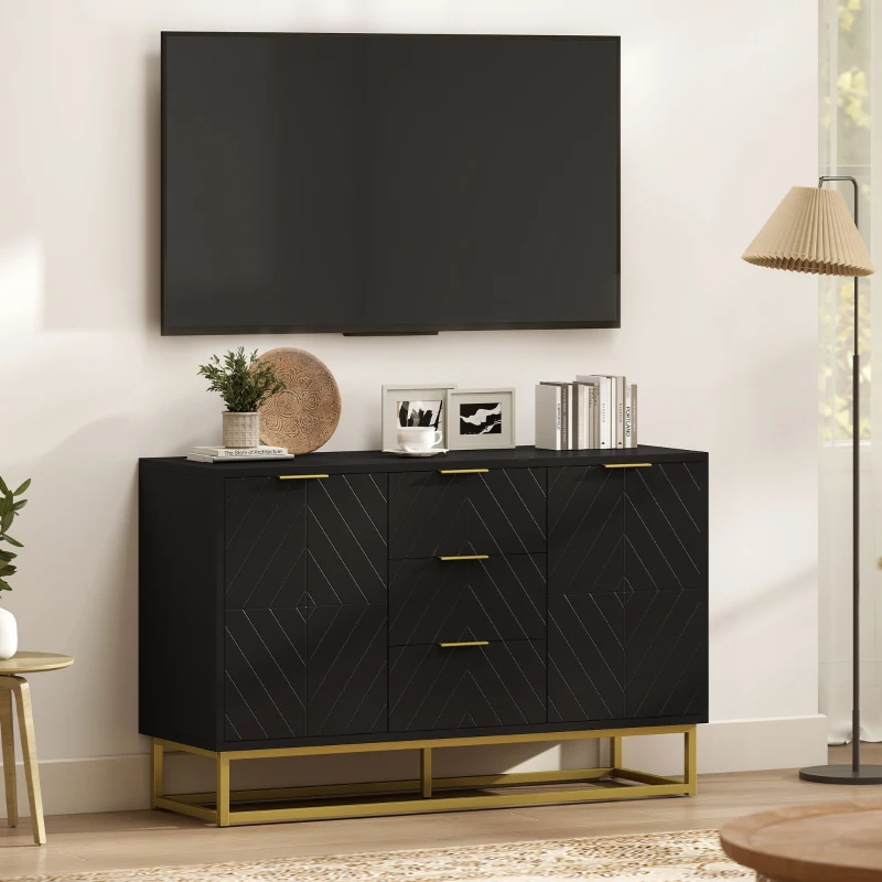 HOMCOM Buffet design contemporain graphique 2 placards porte étagères réglables 3 tiroirs coulissants en bois noir métal doré