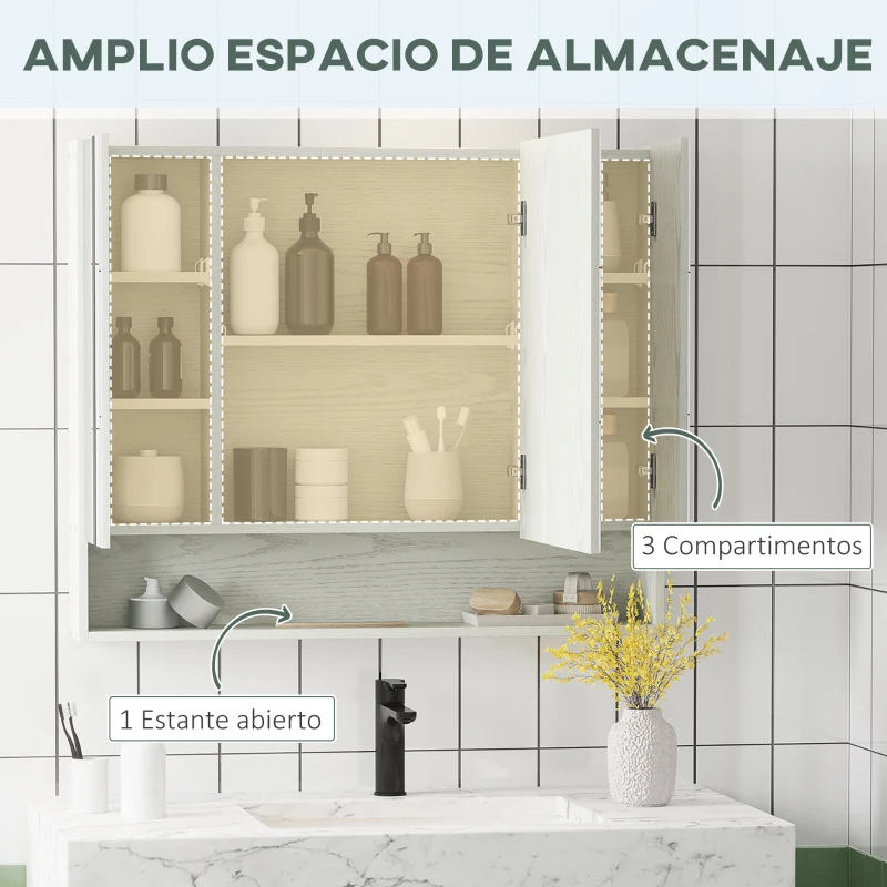 kleankin Armario de Baño con Espejo 3 Puertas Estante Ajustable y Compartimento 90x15x75 cm Blanco