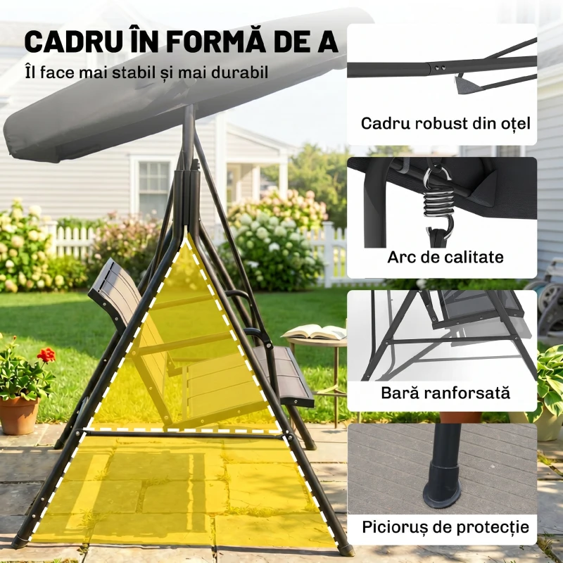 Outsunny Leagăn de Grădină pentru 3 Persoane cu Acoperiș, Șezut Respirabil și Cadru din Oțel, Negru