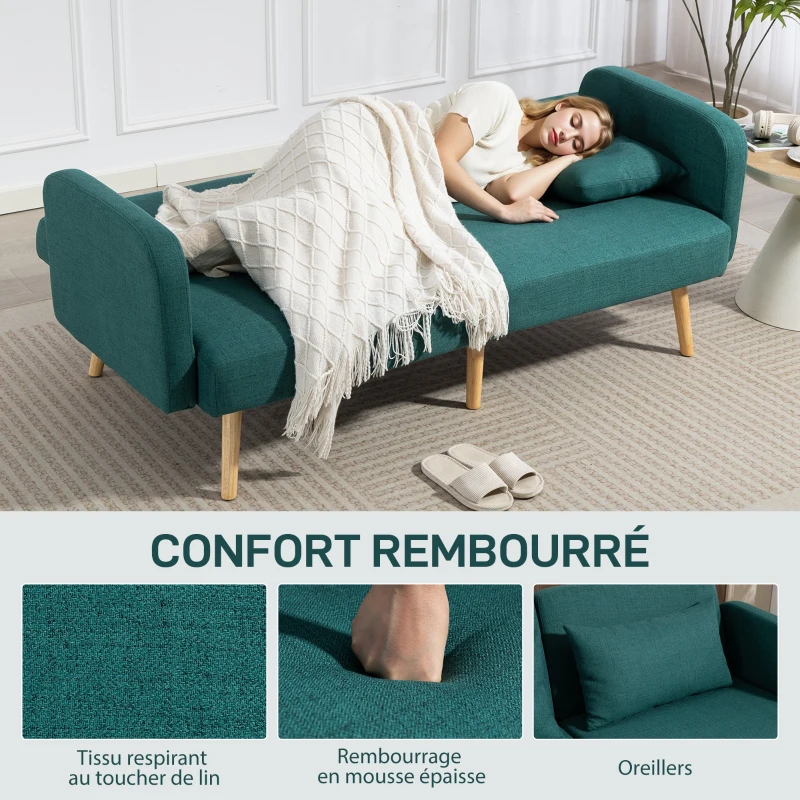 HOMCOM Canapé convertible 3 places design clic clac dossier inclinable et accoudoirs réglables tissu effet lin vert