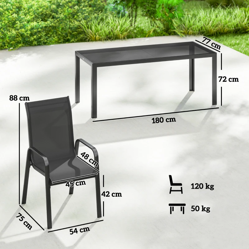 Outsunny Set de Exterior 9 Piese cu 8 Scaune Suprapozabile din Textilene și Măsuță de Cafea cu Blat din Sticlă, Negru