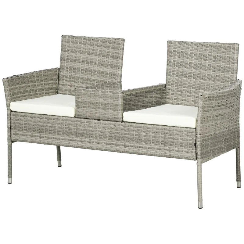 Outsunny Divanetto per Esterni 2 Posti con Tavolino da Caffè, in Acciaio e Rattan PE, 137x59x82 cm, Grigio e Crema