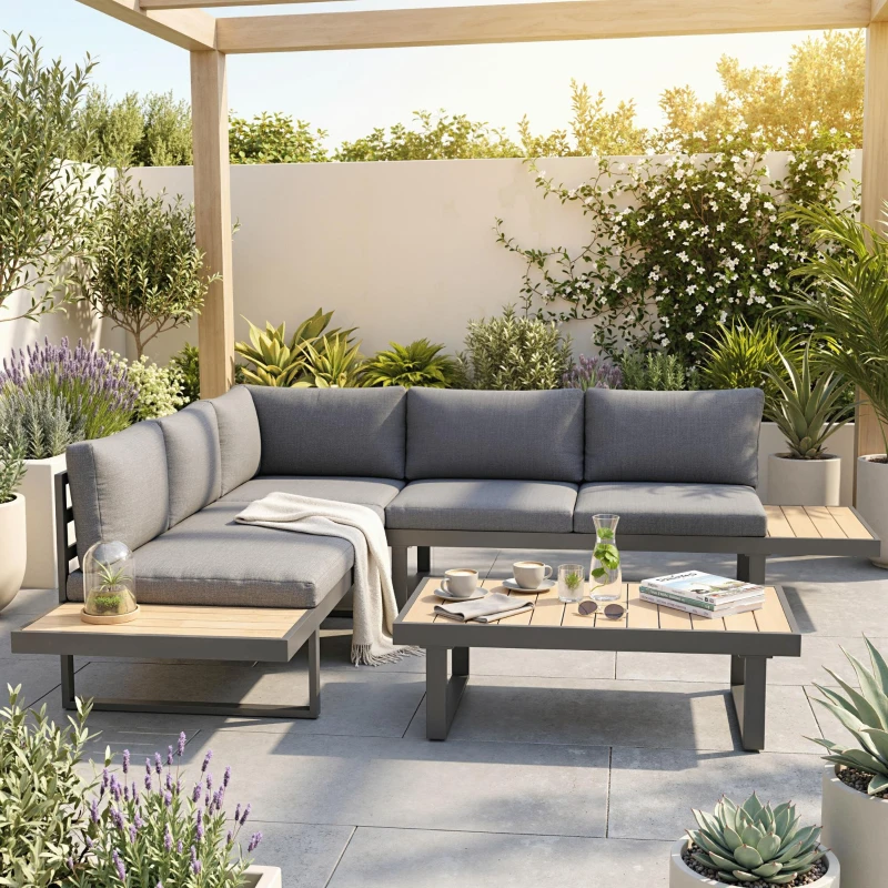 Outsunny Ensemble salon de jardin d'angle design 5 places coussins table basse alu. gris anthracite et imitation bois