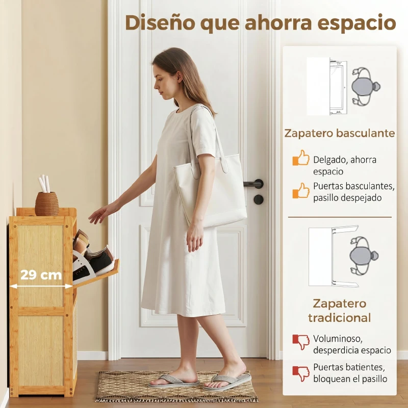 HOMCOM Zapatero Estrecho de Bambú con 2 Cajones Abatibles de Ratán para 12-14 Pares de Zapatos 69x29x83 cm Natural