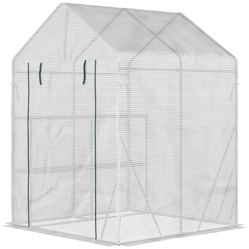 Outsunny Invernadero de Exterior con 2 Estantes Puerta con Cremallera y Marco de Acero 143x143x195 cm Blanco