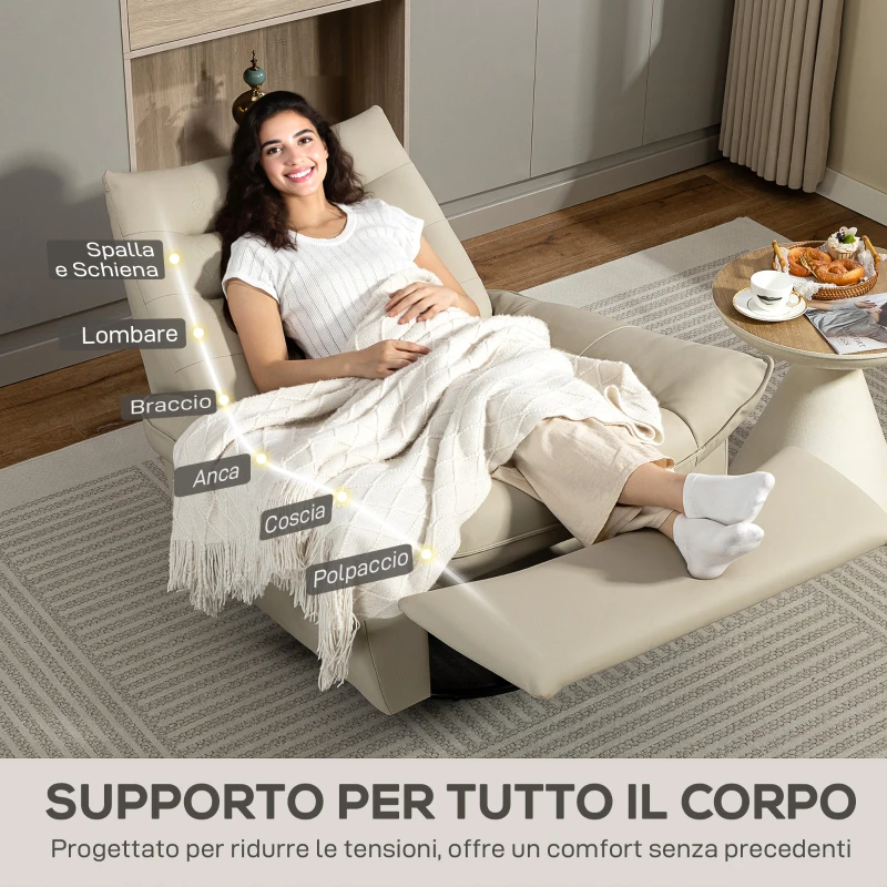 HOMCOM Poltrona Relax Reclinabile Manualmente con Poggiapiedi e Base Girevole Senza Braccioli, Crema