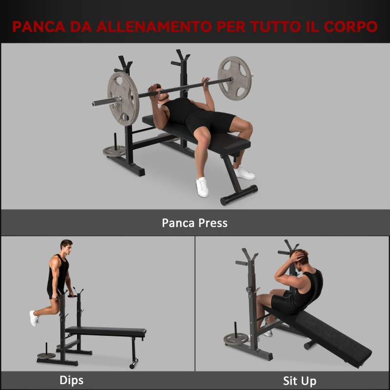 HOMCOM Panca Pesi Pieghevole con 8 Altezze Regolabili e Supporto Bilanciere in Acciaio e PU, 140x73x98-122 cm, Nera