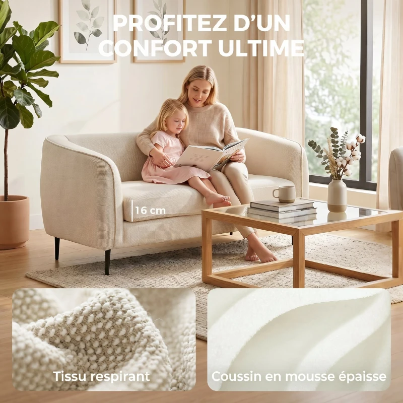 HOMCOM Canapé 2 places en velours, canapé de salon moderne 160 cm, assise large rembourrée, coussin épais à ressorts, beige
