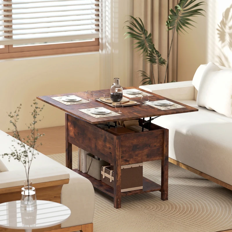 HOMCOM Mesa de Centro Elevatória e Extensível Mesa de Sala com Compartimento Oculto Prateleira Aberta 100x45x50,5 cm Castanho Rústico
