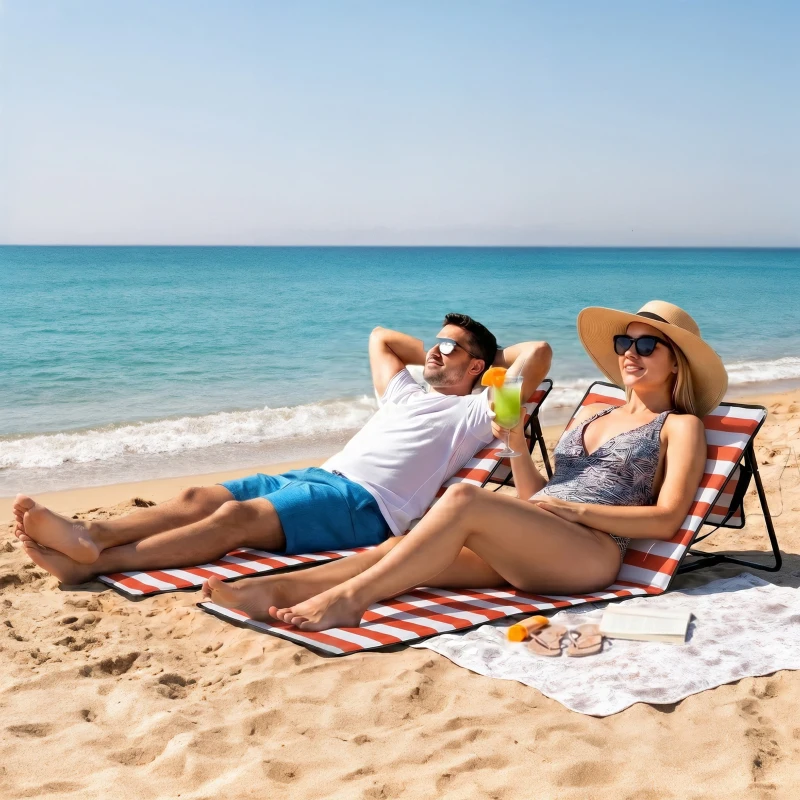 Outsunny Conjunto de 2 Esterillas de Playa Plegable con Respaldo Reclinable y Correa de Transporte 142x51x40 cm Rojo y Blanco