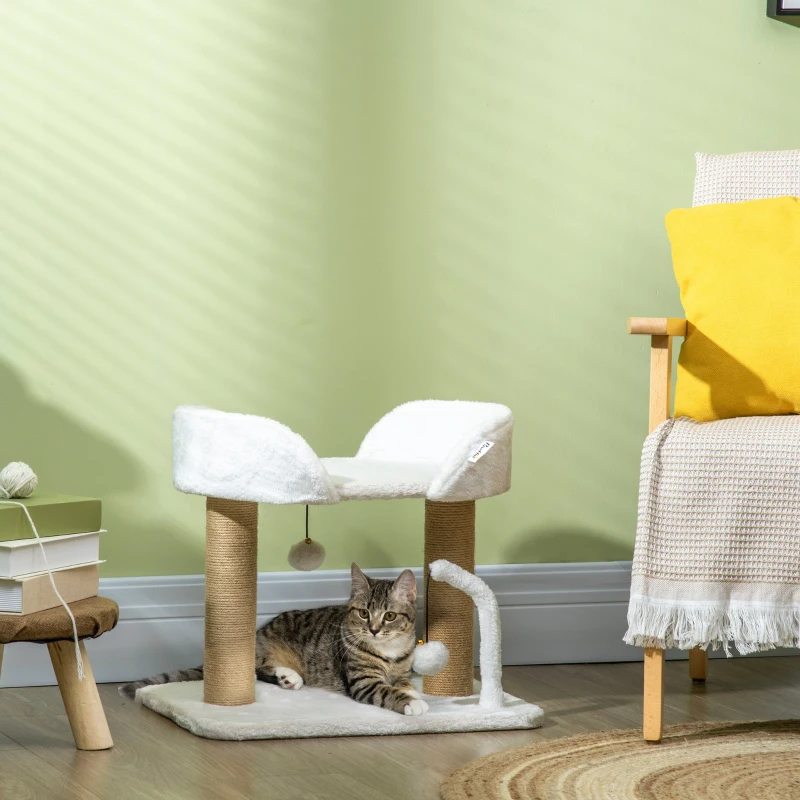 PawHut Torre per Gatti max 5kg in Truciolato con Tiragraffi e Palline Giocattolo, 48x38x42 cm, Giallo e Bianco