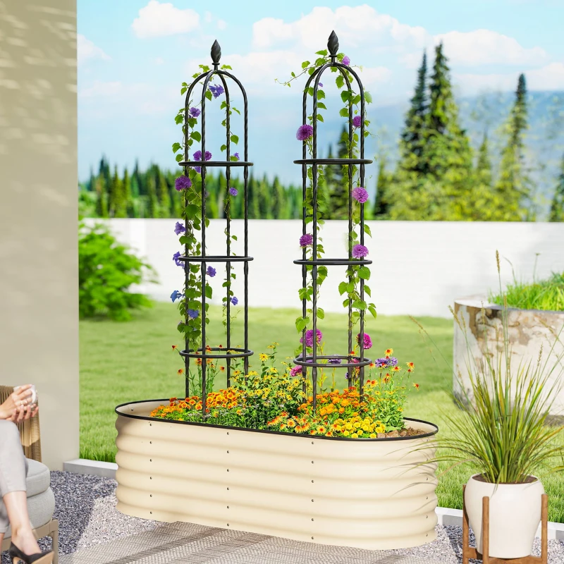 Outsunny Set 2 Suporturi pentru Plante Cățărătoare, Înălțime 1,7 m, din Oțel Antirugină cu Decorațiuni, Negru