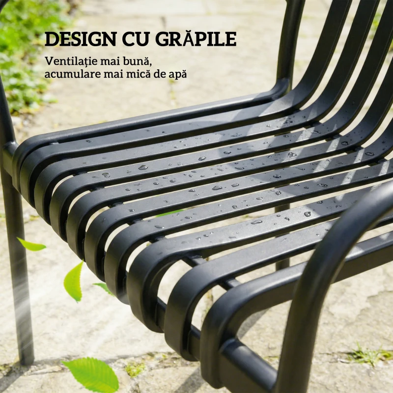 Outsunny Set de 4 Scaune Stivuibile, Scaune de Luat Masa Exterior cu Spătar Curbat, Șezut cu Lamele și Brațe, Negru