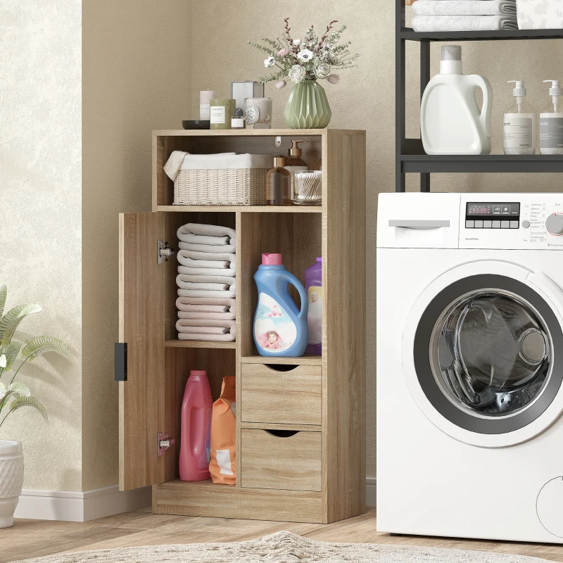 HOMCOM Meuble de salle de bain, meuble de rangement étroit avec 2 tiroirs, compartiments ouverts, 50x25x100cm, bois naturel