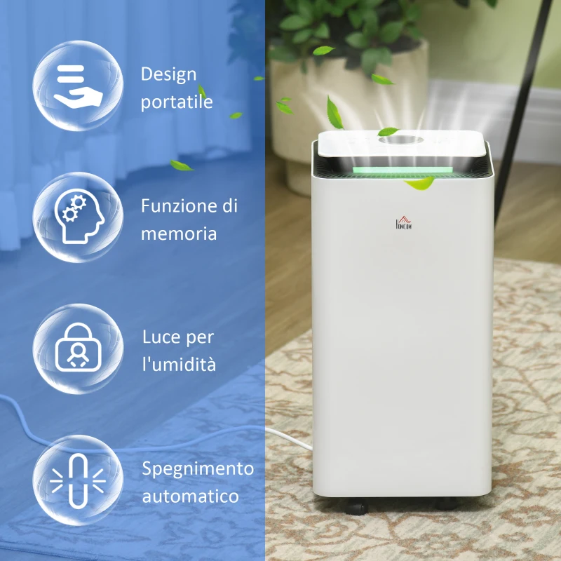 HOMCOM Deumidificatore Portatile da 10L con 5 Modalità, 2 Velocità, Timer 24h e Ruote, 25x25x50.5cm, Bianco