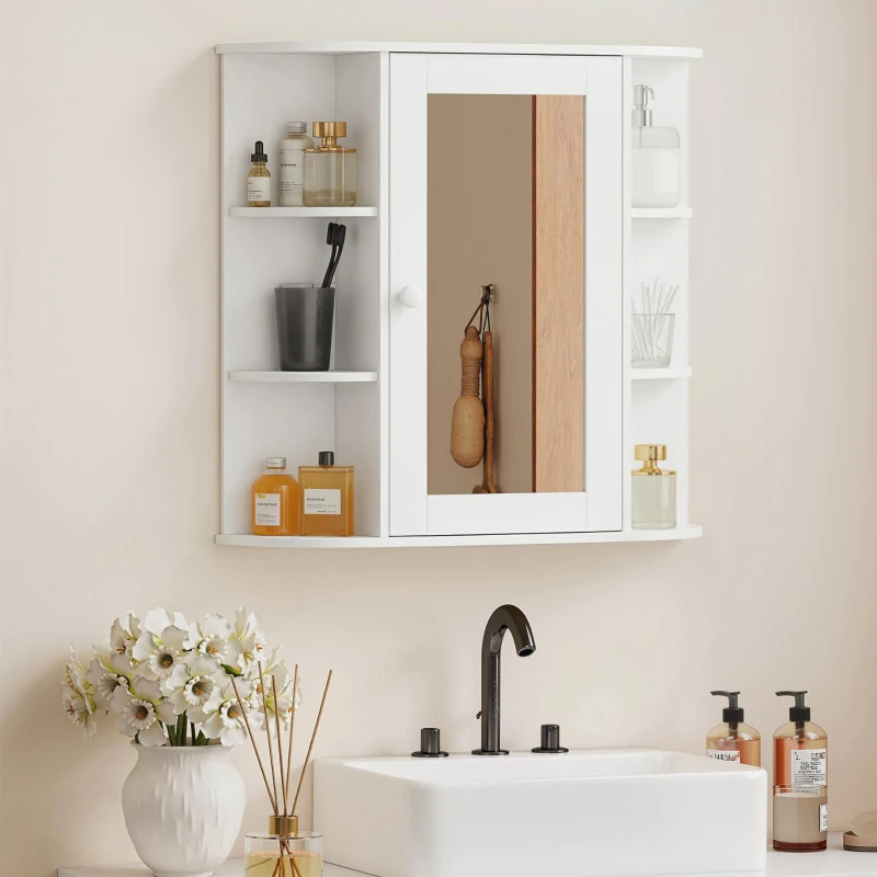 HOMCOM Specchio Bagno Contenitore con 6 Ripiani Aperti e 2 Chiusi, 66x17x63 cm Mobile Bagno con Specchio, Mobilettto da Parete in Vetro, Bianco
