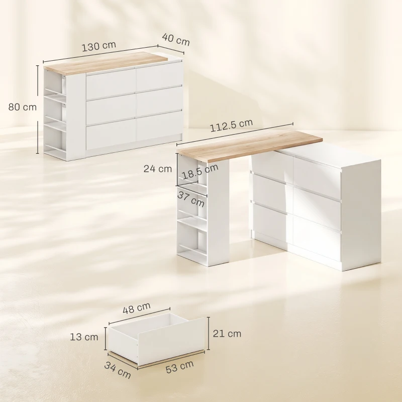 HOMCOM Vanity Table, Dressing Table with 6 Drawers and 3-Tier Shelf for Women and Girls, White