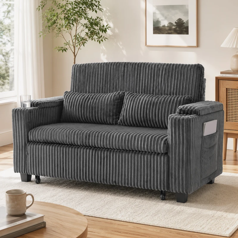 HOMCOM 2 Seater Sofa Bed, Pull Out Sleeper Sofa w/ Adjustable Backrest, Storage Armrests, Cup Holders, Side Pockets, Dark Grey
