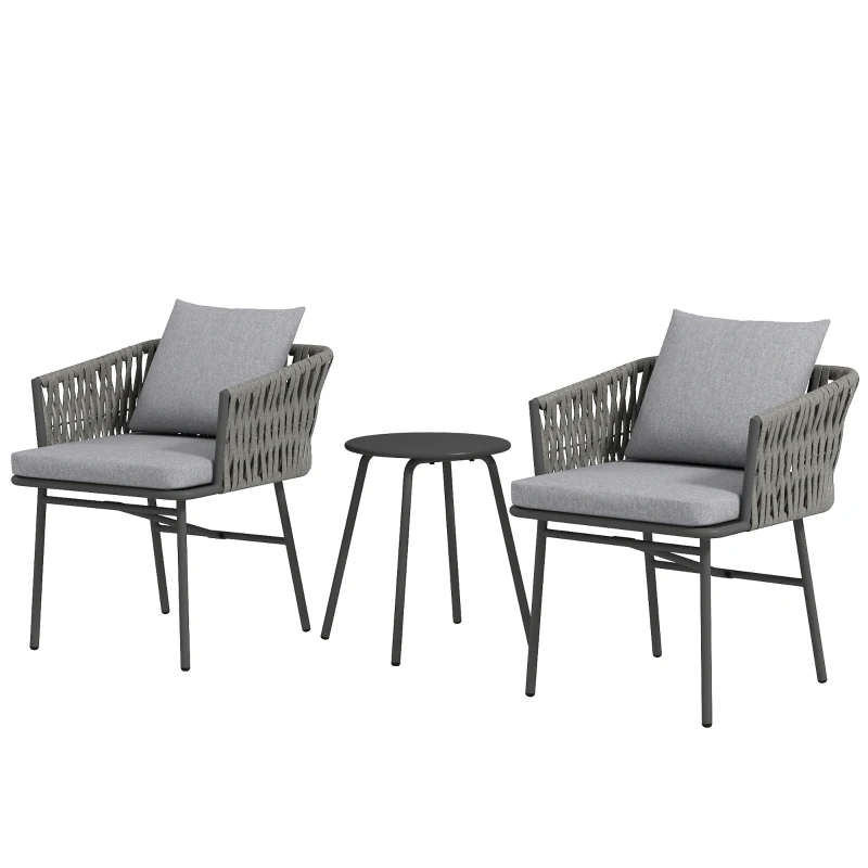 Outsunny 3-teiliges Außenmöbel-Set, 2 Stühle, 1 Tisch, Bistro-Set, Kunst-Rattan, Stahlrahmen, Metalltisch, 4 Kissen, Grau
