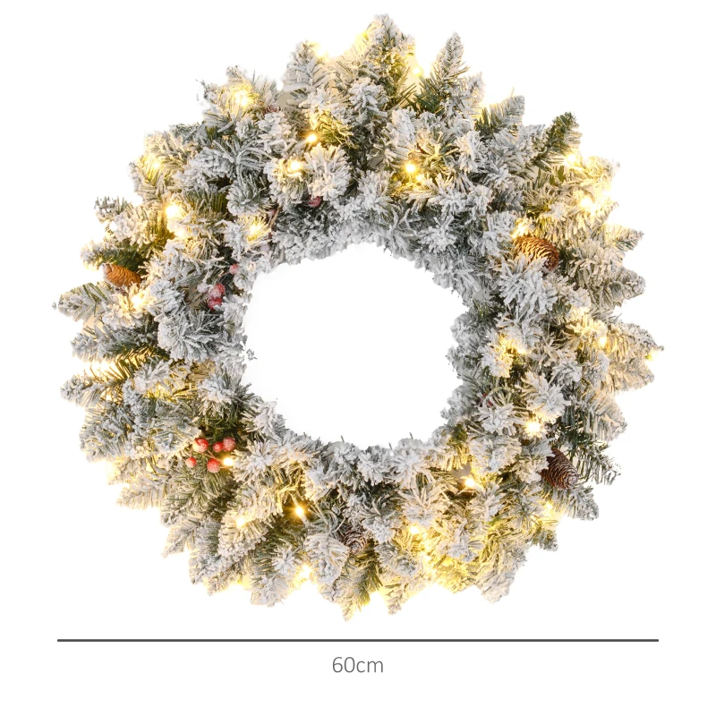 HOMCOM Couronne de Noël porte artificielle 60 CM avec pommes de pin et grappes de baies, lumières LED et minuterie vert