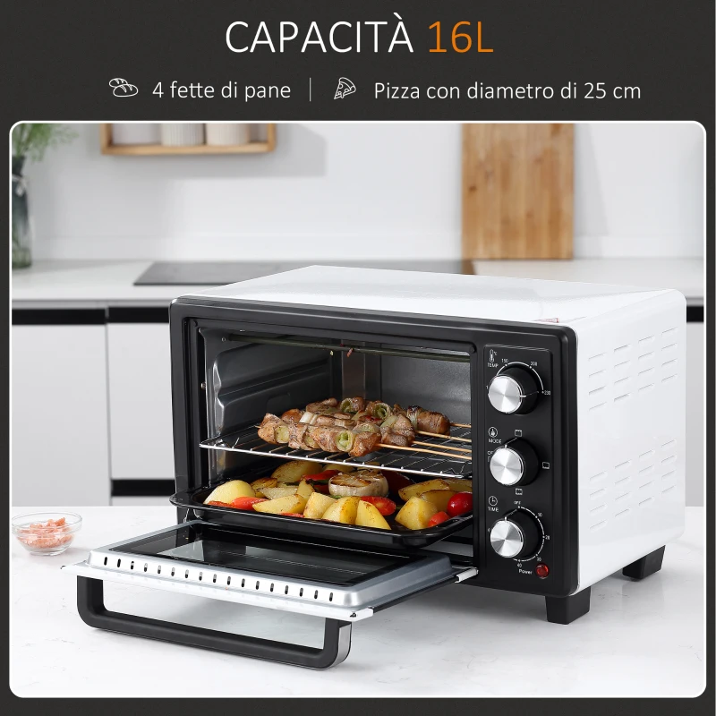 HOMCOM Fornetto Elettrico 16L Temperatura Regolabile e Timer, 3 Metodi di Cottura e Accessori, 1400W, Bianco