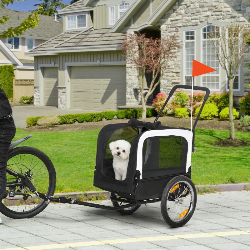 PawHut Reboque bicicleta jogger 2 em 1 para animais de estimação bandeira roda dianteira giratória refletores preto