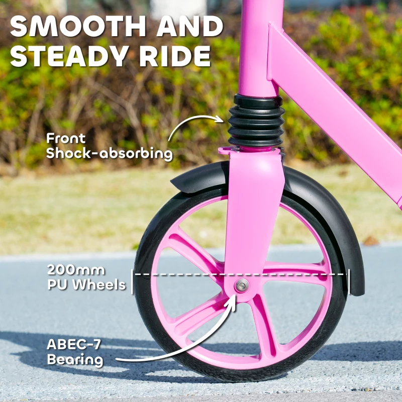 AIYAPLAY Foldable Kids Scooter with Adjustable Handlebar, 200mm Big Wheel, Rear Fender Brake, for Ages 6-12 Years, Pink