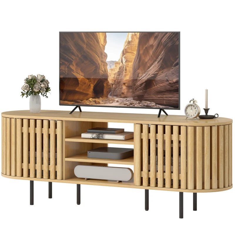 HOMCOM Meuble TV, meuble télé pour téléviseur 60 pouces, 2 portes à lattes, 140x40x52cm, bois naturel