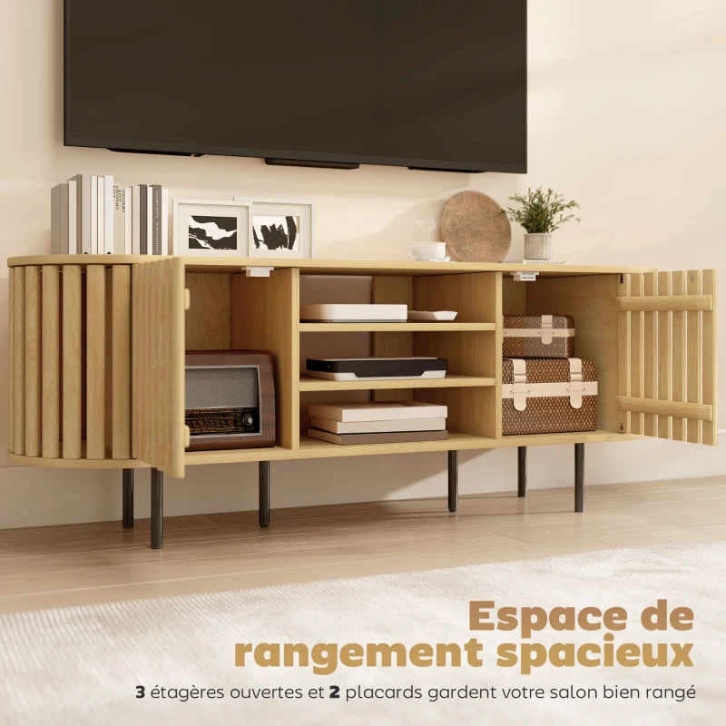 HOMCOM Meuble TV, meuble télé pour téléviseur 60 pouces, 2 portes à lattes, 140x40x52cm, bois naturel