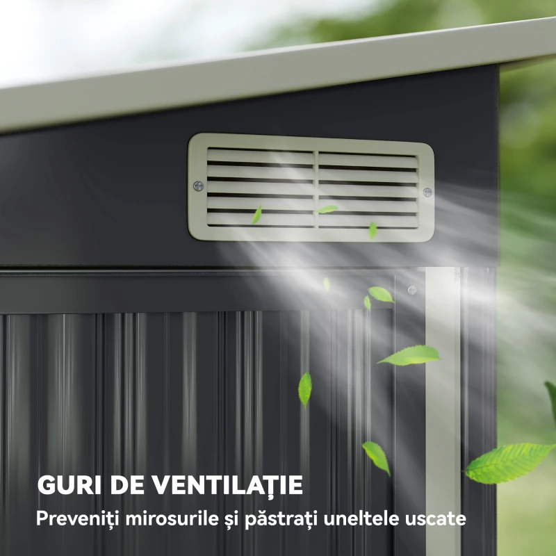 Outsunny Căsuță de Grădină din Oțel cu 3 Uși Blocabile, 234x132x185 cm, Gri Închis
