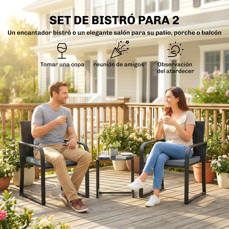 Outsunny Conjunto de Muebles de Jardín de Ratán Sintético con 2 Sillas con Cojines y Mesa con Tablero de Vidrio Gris