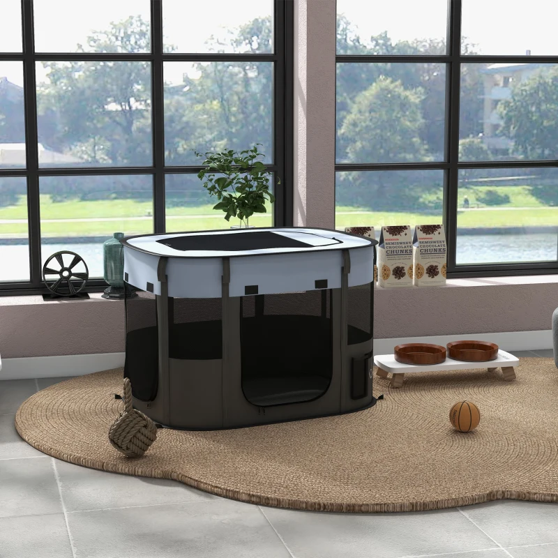 PawHut Cercado dobrável para cão gato pequenos animais em tecido Oxford com arrumação 84 x 64 x 53 cm cinza e preto