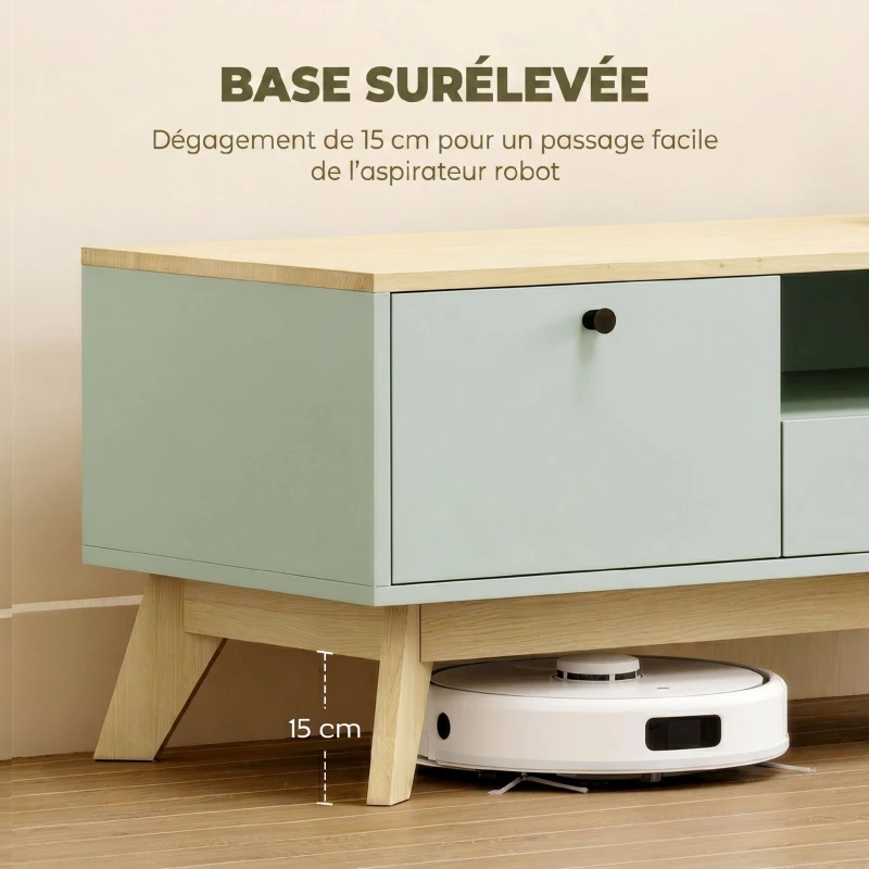 HOMCOM Table basse de salon, table d'appoint rectangulaire avec tiroir, porte et compartiment ouvert, vert clair et chêne