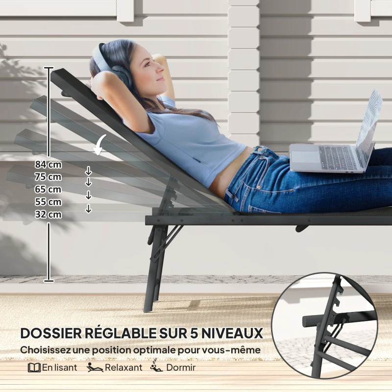 Outsunny Lot de 2 bain de soleil chaise longue pliante textilène transat jardin extérieur inclinable 54 x 164 x 84 cm noir