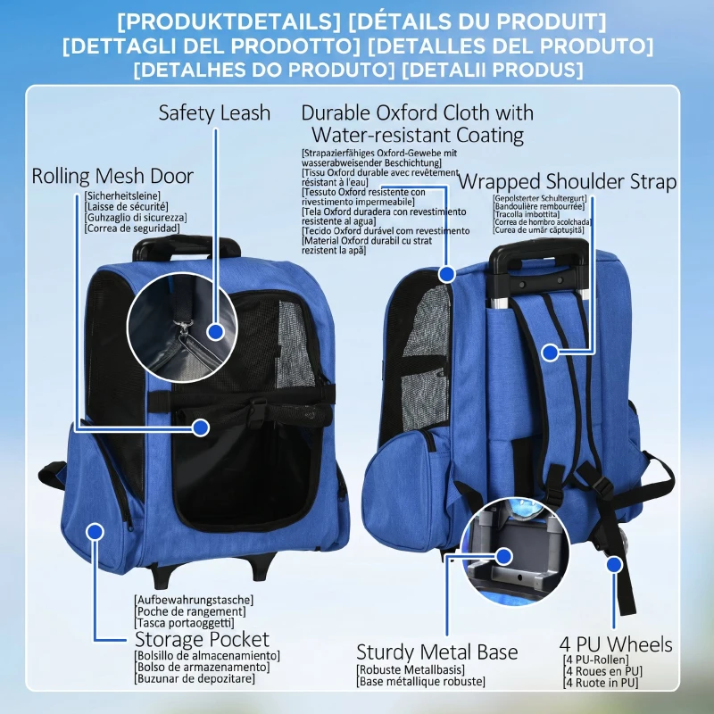 PawHut Rucsac transportabil 2 în 1 pentru câini și pisici cu buzunare și mâner telescopic, 42x25x55cm, albastru