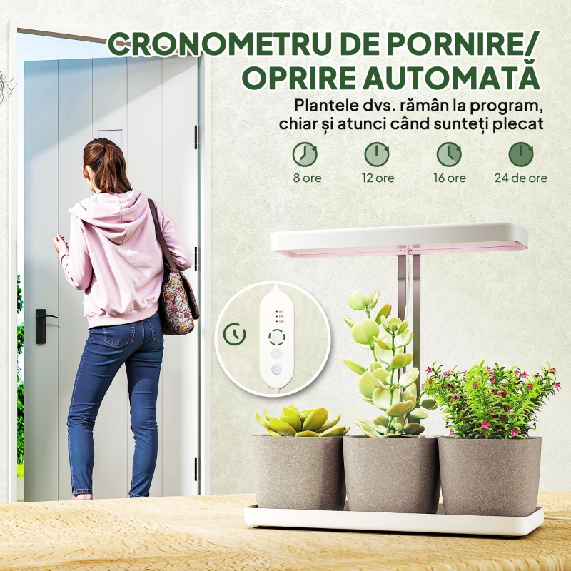Outsunny Lămpi pentru Plante cu 42 de Lămpi LED, 3 Ghivece, Temporizator și Iluminare Reglabilă, 45x18,8x47,8 cm, Alb