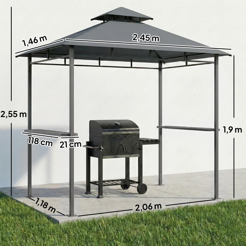 Outsunny Grillpavillon 2,4 x 1,4 m, Windfest Grillüberdachung mit Doppeldach Lüftungsöffnung Seitenregalen