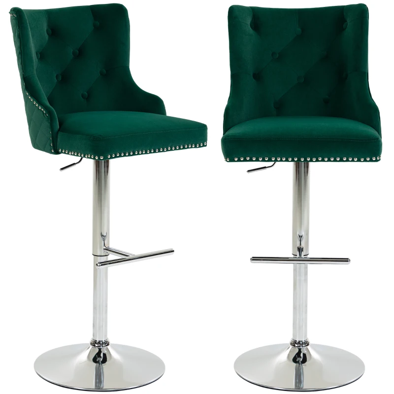 HOMCOM Bar Stools Set of 2, Modern Swivel & Adjustable Velvet Barstools with Button-Tufted Back, Footrest for Home Bar, Green