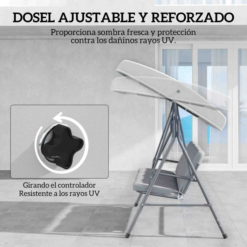 Outsunny Balancín de Jardín Exterior Columpio de 3 Plazas con Toldo Ajustable y Marco de Acero 172x110x156 cm Gris Claro