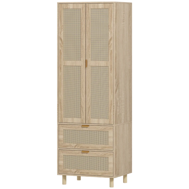 HOMCOM Armoire chambre penderie avec 2 portes en rotin, 2 tiroirs et barre de suspension, 63 x 47 x 185 cm, bois naturel