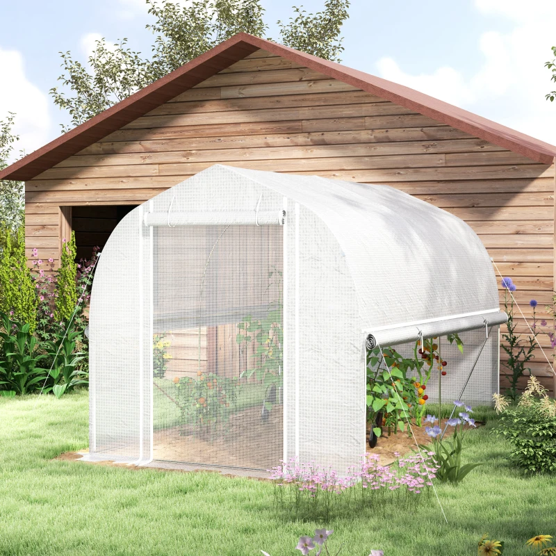 Outsunny Estufa polytunnel 3 x 2 x 2 m com laterais enroláveis, lona plástica resistente aos UV e estrutura de aço, Branco